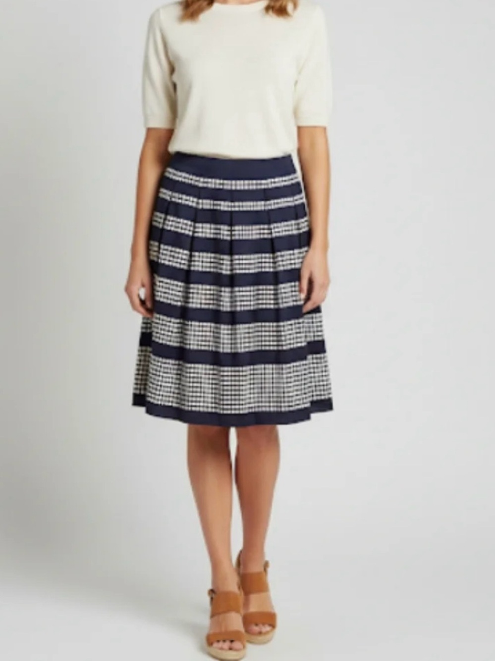 Talbots Navy A-Line Pleated Skirt w/White Dots Cotton Blend Classy CareerGirl